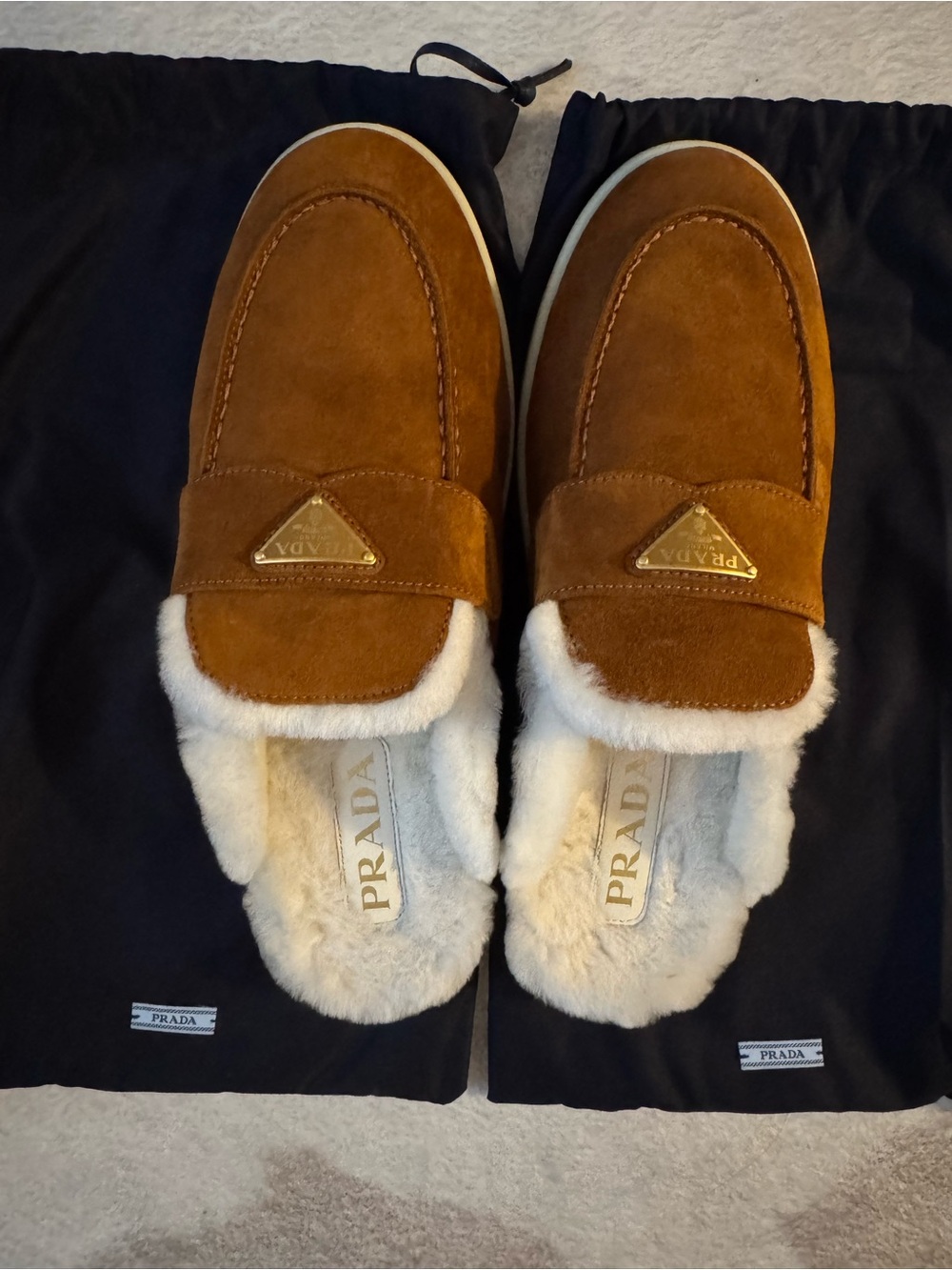 Prada Brown Suede Shearling-Lined Slip-On Loafers - Picture 2 of 4
